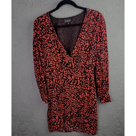 Dress Womens 6 Red Black Leopard Print Wrap Surplice V-Neck A Line - Picture 1 of 16